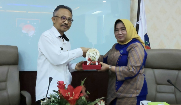 Ketua TP PKK Kota Baubau Serahkan Cinderamata kepada Dirjend Bina Pemerintahan Desa Kemendagri Dr. Eko Prasetyanto, M.Si usai kegiatan audiensi di Jakarta Rabu (30/11) Foto : Bardin